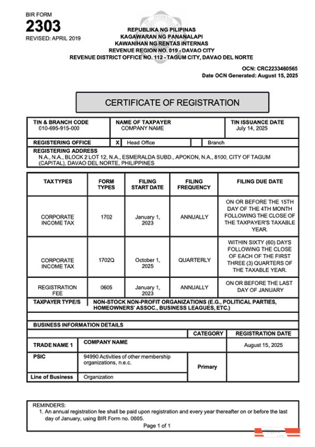 Philippines certificate of registration Word and PDF template